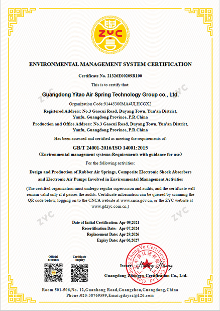 ΚΙΝΑ Yitao Air Spring Group Πιστοποιήσεις